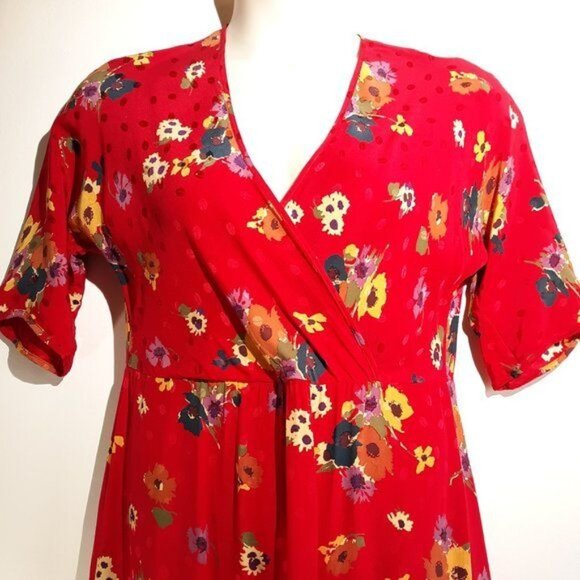 Robert Janan Dress Silk Red Floral Wrap Shirtdress Vtg - Picture 2 of 8